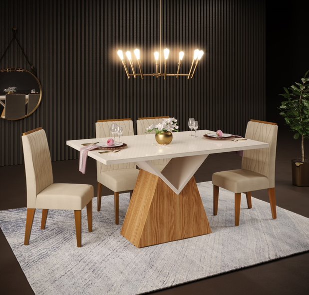 Conjunto Sala de Jantar Mesa Argo 120cm Tampo Reto com 4 Cadeiras Diva Suede Areia DJ Móveis - 1