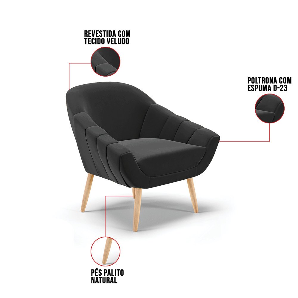Poltrona Giovana Veludo Pés Palito Natural - D'Rossi - Preto - 6