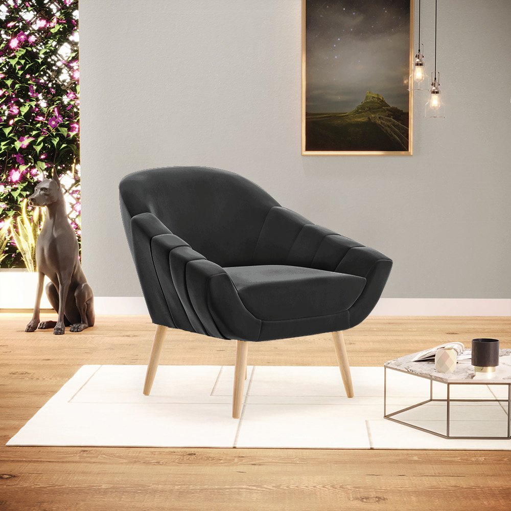 Poltrona Giovana Veludo Pés Palito Natural - D'Rossi - Preto - 2