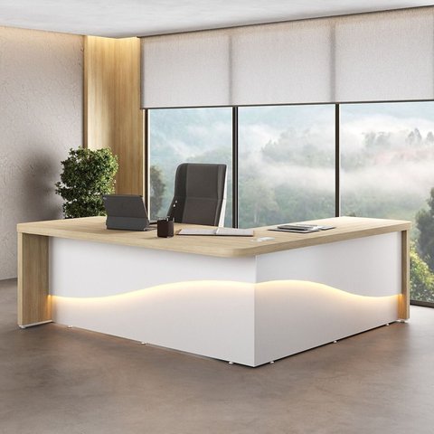 Mesa Diretor em L com Luz de LED Elegante 3 Gavetas 2 Portas Tamburato Supreme