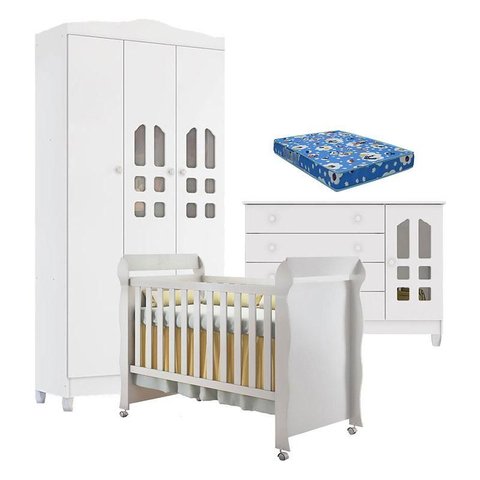 Quarto de Bebê New Selena 3 Portas com Cômoda Gran Selena e Berço Mirelle Branco Brilho e Colchão Or