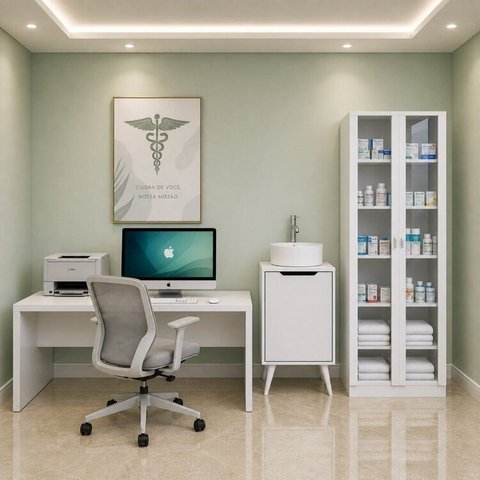 Conjunto Escritório Consultório 3 Peças com Escrivaninha, Gabinete e Armário Multiuso Vidro Branco