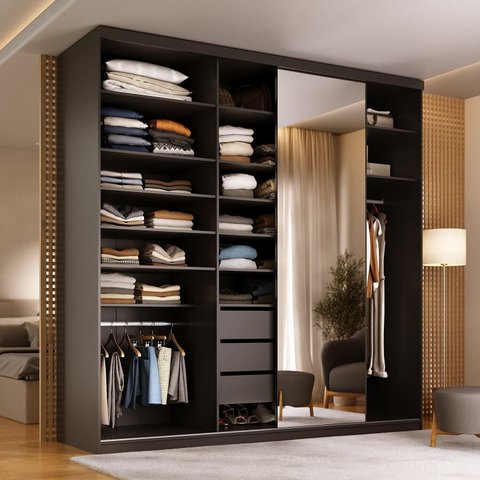 Guarda-Roupa Closet Casal 100% MDF BP 208cm com 1 Porta Espelho 3 Gavetas Sion Preto