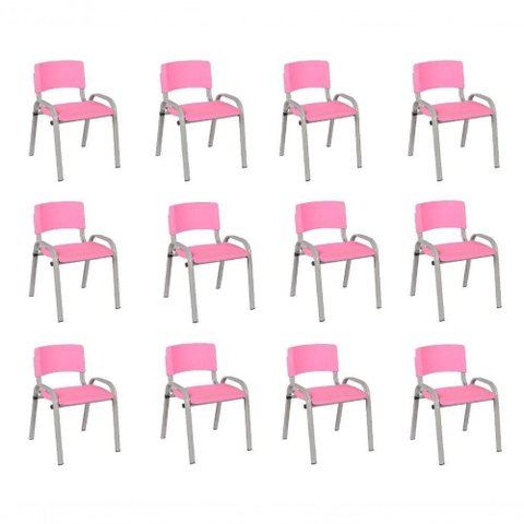 Kit 12 Cadeira Iso Infantil Creche, Base Cinza Rosa