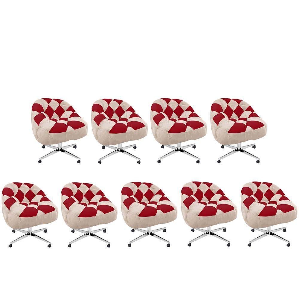 Kit 09 Poltrona Paloma Giratória Metal Rodízio Suede Bege e Suede Vermelho - 1