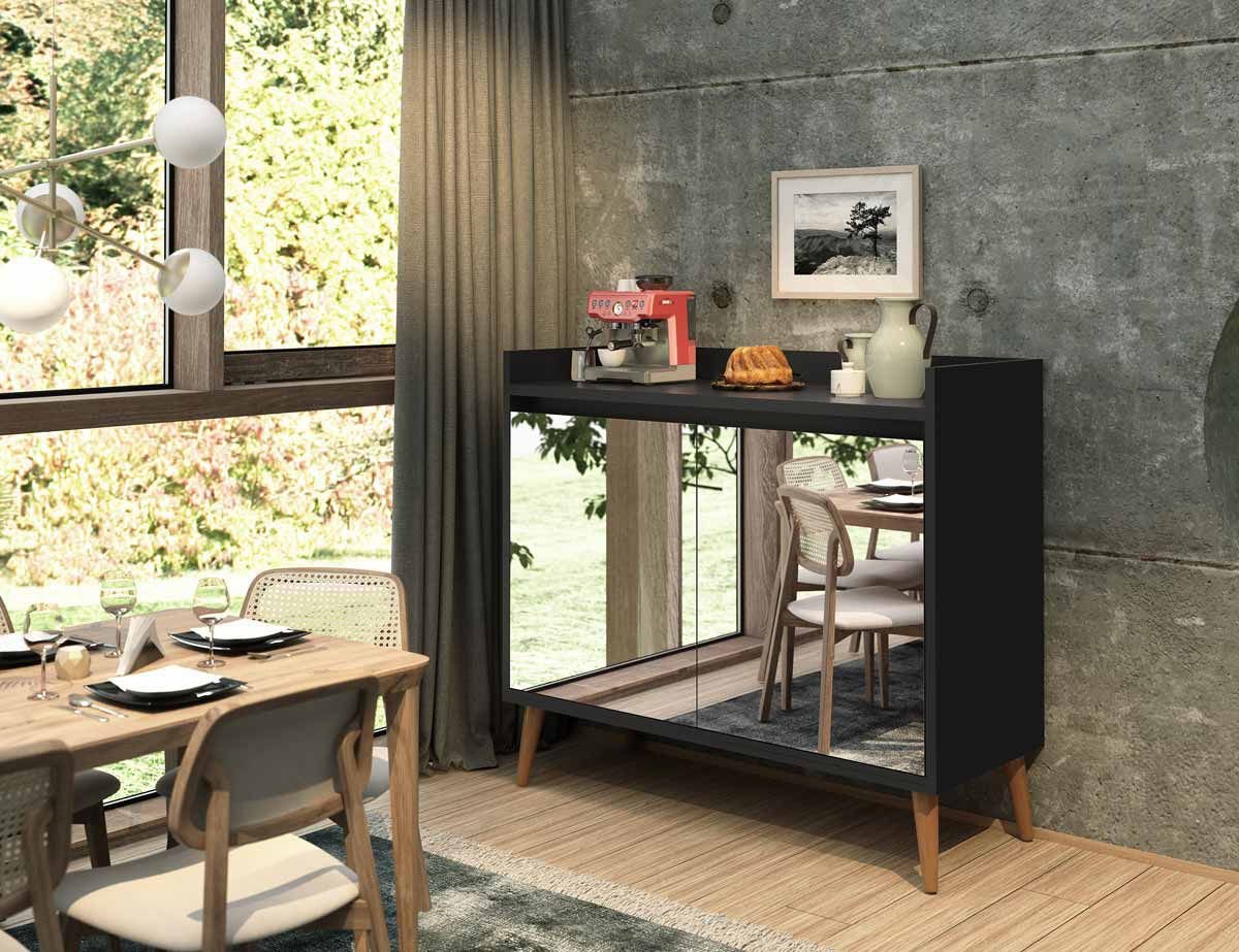 Aparador Buffet Delux Delta Clássico duas portas com espelho - Preto - 2