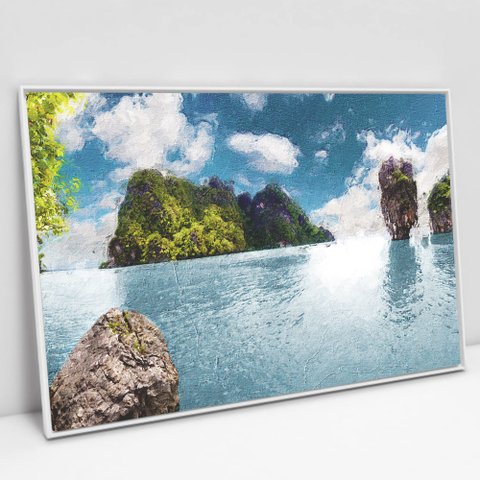 Quadro Decorativo em Canvas Ilha - Moldura Branca - 90 x 60cm