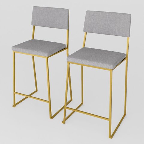 Kit 2 Banquetas Alta Balcão Estofada com Encosto Dourada Linho Dubai