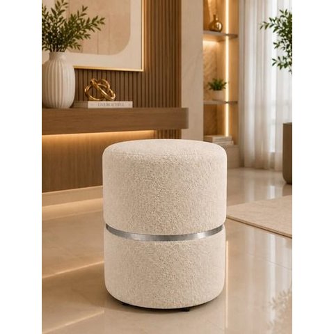 Puff com Cinta no Meio Prata, Cor Palha Boucle - Let Móveis
