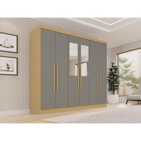 Guarda-Roupa Casal com Espelho 6 Portas 180cm Multimóveis Madeirado/Cinza