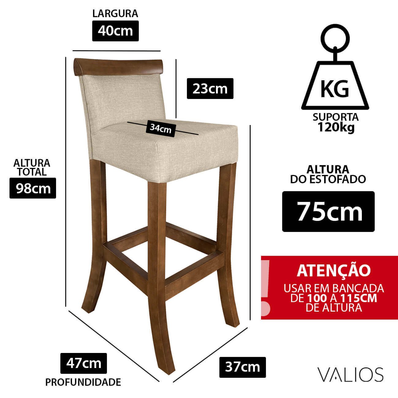 Jogo com 6 Cadeira para Bancada Banco Alto de Madeira Bar Cozinha Americana Encosto Estofado Valios - 3