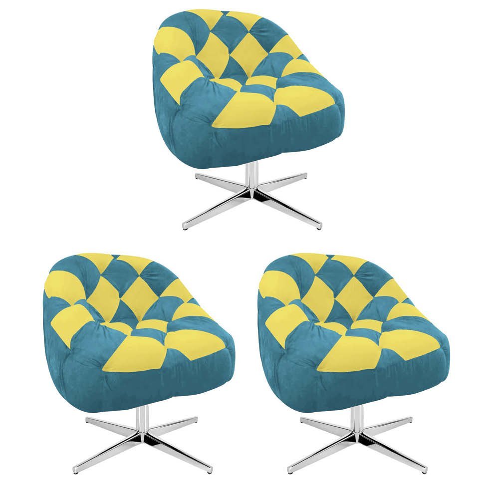 Kit 03 Poltrona Paloma Escritório Sala Giratória Metal Suede Azul Turquesa e Suede Amarelo - DOMINIC - 1