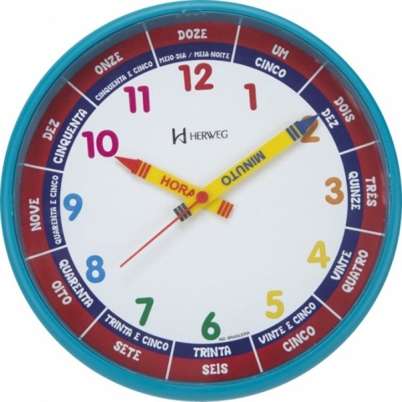 Relógio Parede 26 cm azul Educativo Infantil Herweg
