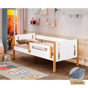 Cama de Solteiro Infantil Mirela Incluso Grade de Proteção e Colchão Branca/Amêndoa