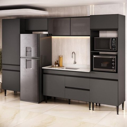 Armário de Cozinha Modulada Completa com Pia 313cm Milano Multimóveis MCR2394 Grafite/Creme