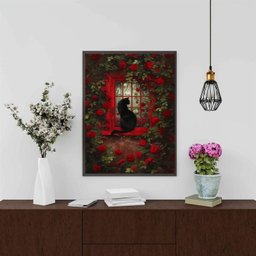 Quadro Decorativo Gato com Rosas Vermelhas 33x24cm:moldura Preta - 1