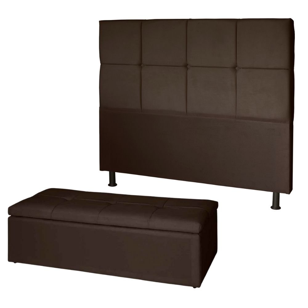 Kit Cabeceira Cama Box King com Recamier Bau Damares 195cm Corino Marrom - Ruotolo Decor - 1