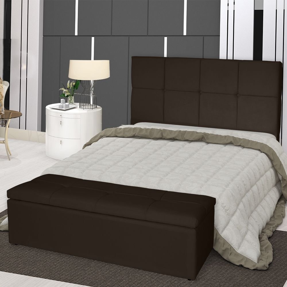 Kit Cabeceira Cama Box King com Recamier Bau Damares 195cm Corino Marrom - Ruotolo Decor - 2
