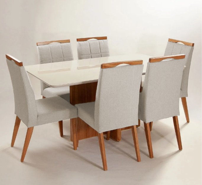 Conjunto de Mesa de Jantar com Tampo de Vidro Arredondado e 4 Cadeiras  Estofadas Studio Linho Off White e Bege Claro 160 cm