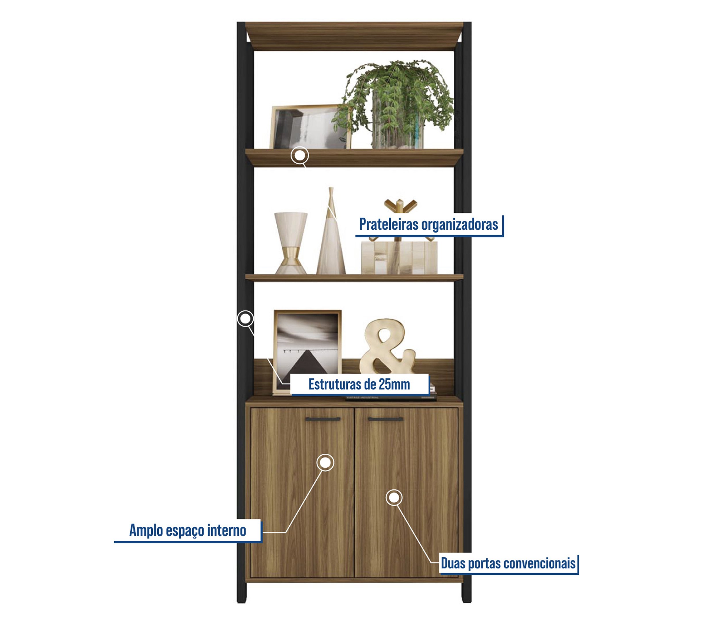 Estante Moderna para Livros Industrial Decorativo Multiuso Premium Organizadora Sky 2 Portas Cor Mel - 5