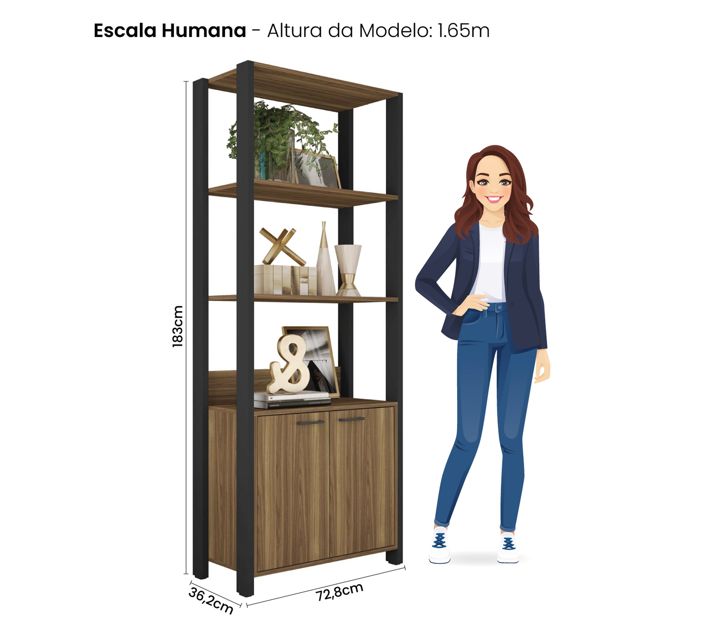 Estante Moderna para Livros Industrial Decorativo Multiuso Premium Organizadora Sky 2 Portas Cor Mel - 7