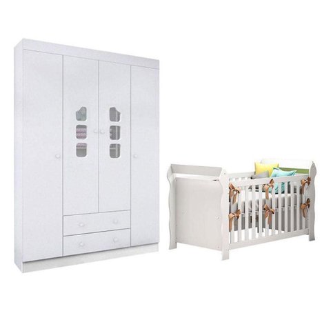 Berço Americano Lara e Guarda Roupa Infantil Lívia Branco Brilho – Phoenix
