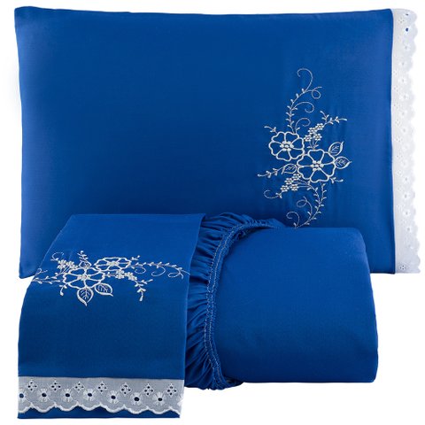 Jogo de Cama Lençol Casal Bordado Advance 3 Peças - Azul Casa Show Enxovais