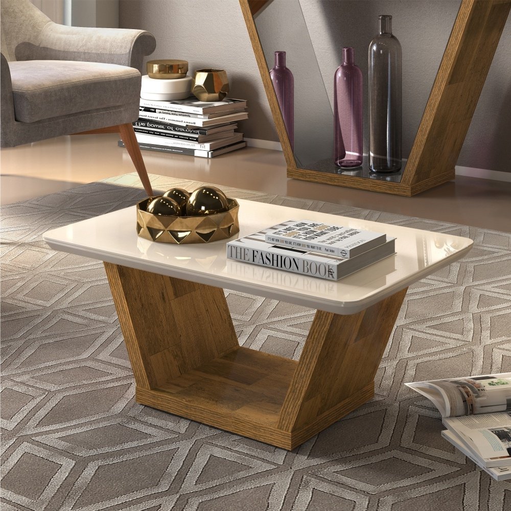Mesa de Centro Ethan com Tampo de Vidro Amadeirado Creme - 1