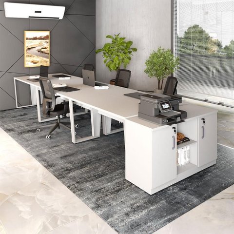Plataforma de Trabalho para Escritório com Armário 2 Portas MDP 405cm Cinza