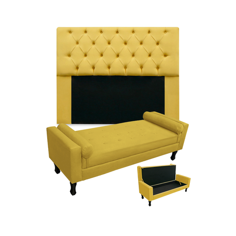 Kit Cabeceira Estofada Mirage E Recamier Baú Fenix Queen 160 cm Suede Amarelo - LM DECOR