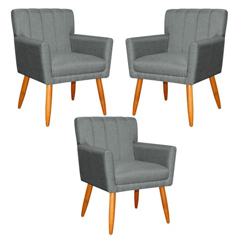 Kit 3 Poltronas Decorativa para Sala de Estar Cecília Linho Cinza - Montanaris Decor Md Montanaris D