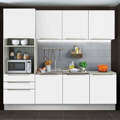 Cozinha Completa Madesa Lux com Armário e Balcão 7 Portas 3 Gavetas Branco/Branco Veludo Cor:Branco 