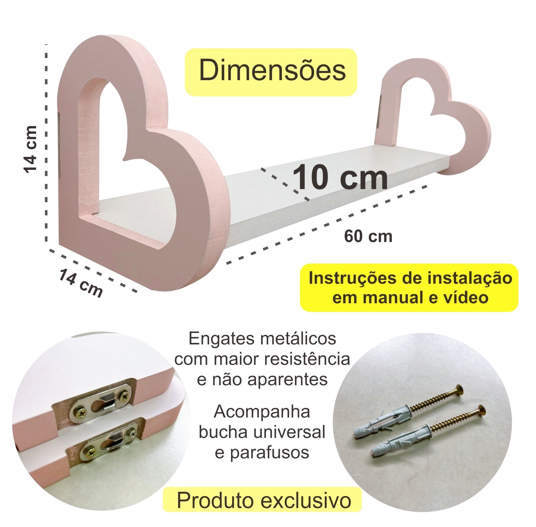 Prateleira Coração Colorida e Gancho de Parede Infantil 60cm:rosa - 6