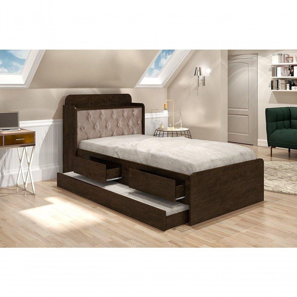 Cama Tamires Solteiro Com Auxiliar Chocolate Com Capitonê Bege - Cambel - 1
