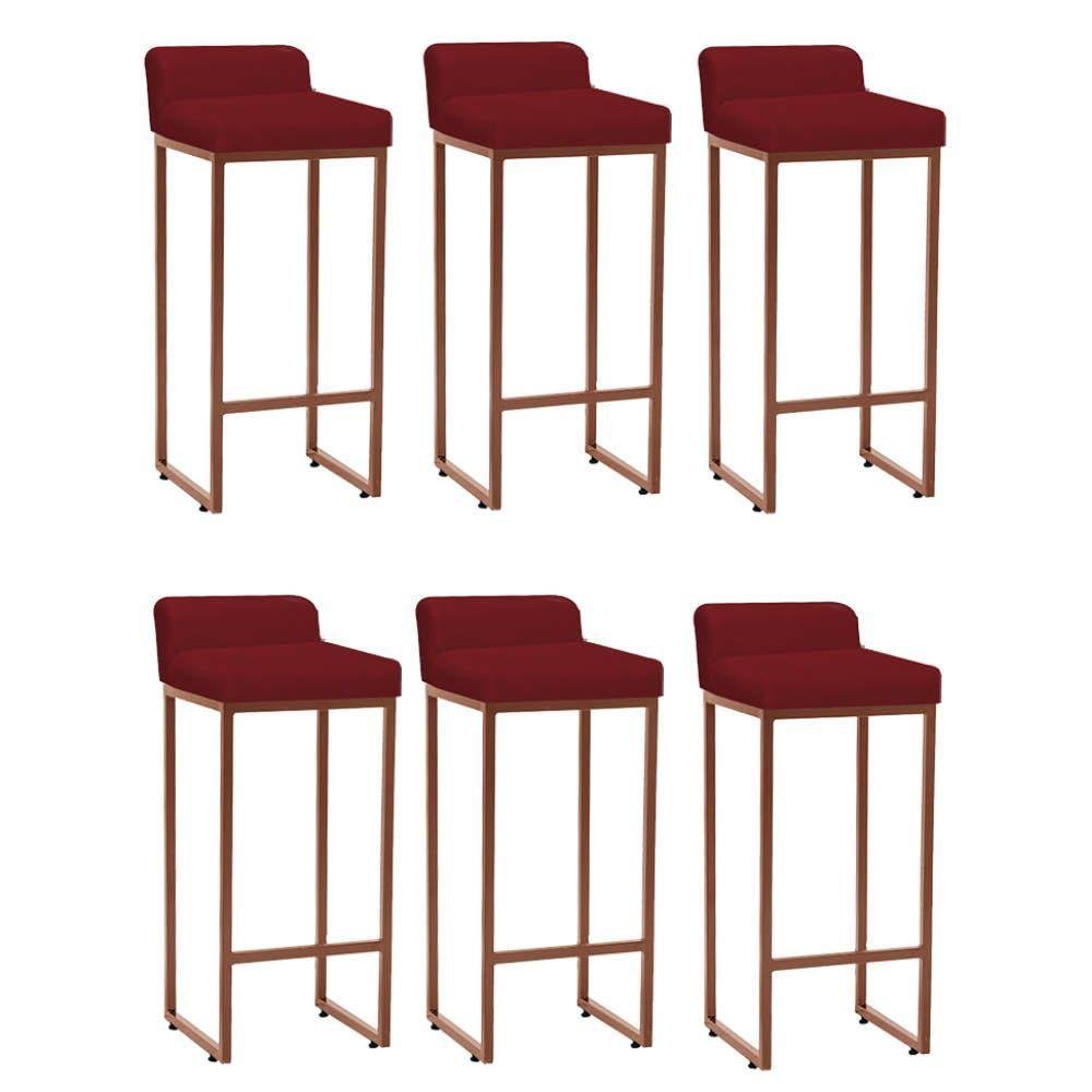 Kit 06 Banqueta Alta Com Encosto Bronze Suede Vermelho - 1