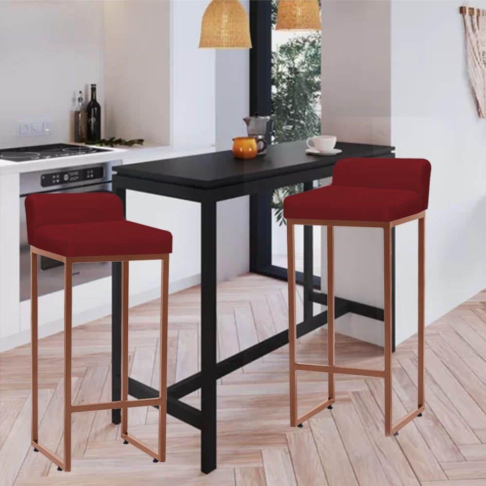 Kit 06 Banqueta Alta Com Encosto Bronze Suede Vermelho - 3