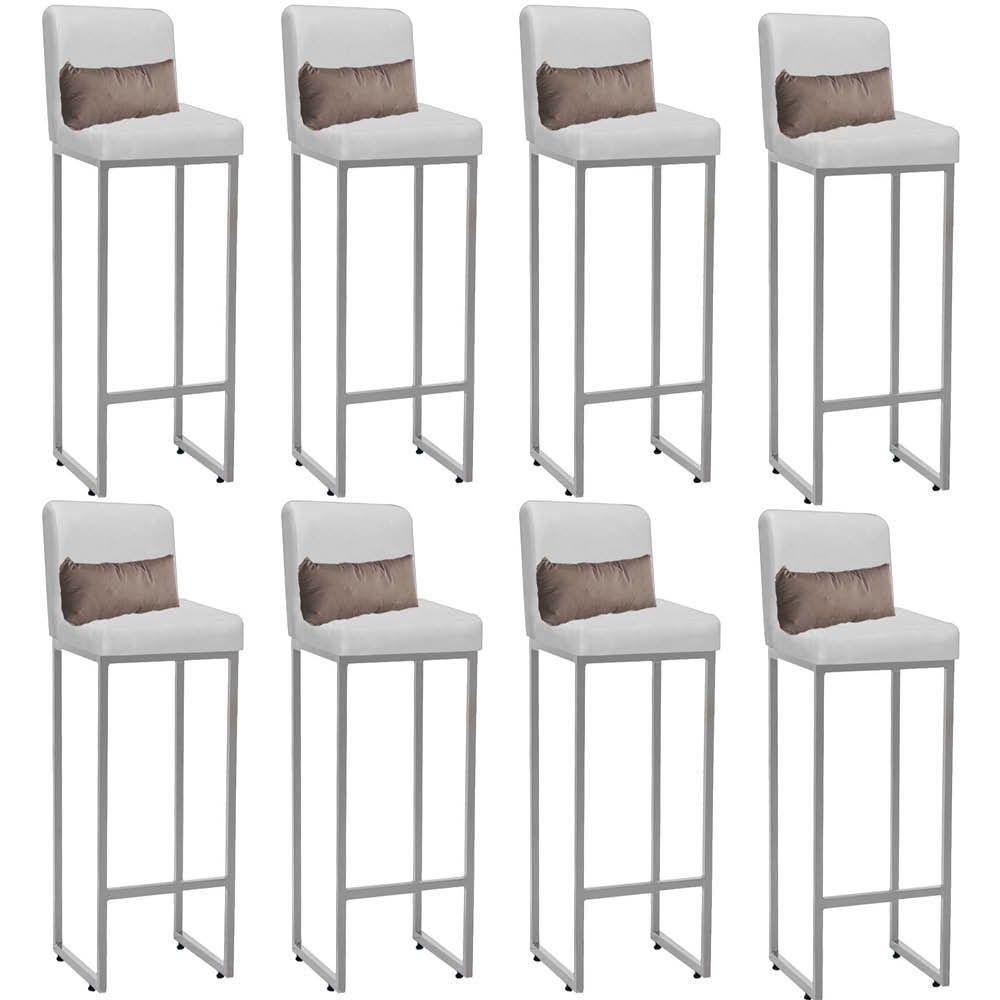 Kit 08 Banqueta Alta Com Encosto Lucca Industrial Ferro Prata Sintético Branco E Almofada Bege - 1