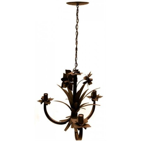 Lustre para Sala Artesanal de Ferro Rustico com Flores 03 Bocas - Verniz