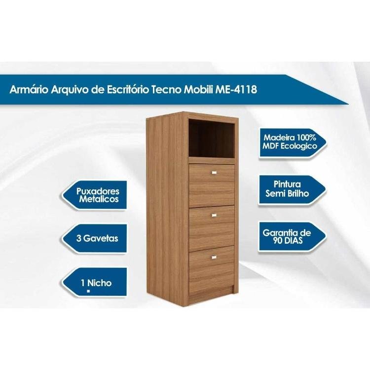 Arquivo de Escritório ME4118 c/ 3 Gavetas e 1 Nicho Branco - Tecno Mobili - 2