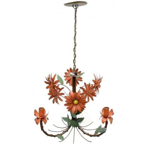 Lustre Rustico Sala de Estar Pendente com Flores Ouro Antigo 03 Braços - Laranja