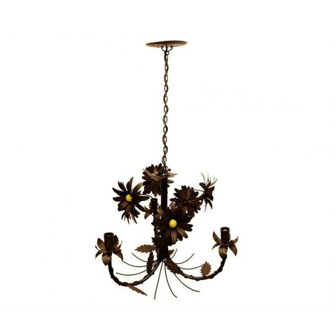 Lustre Rustico Sala de Estar Pendente com Flores Ouro Antigo 03 Braços - Verniz