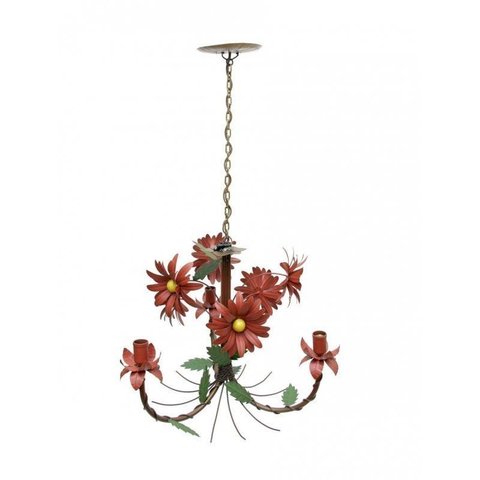 Lustre Rustico Sala de Estar Pendente com Flores Ouro Antigo 03 Braços - Vermelho escuro