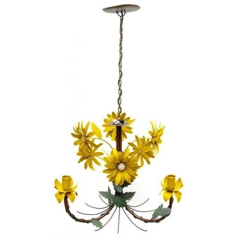 Luminária de Teto Artesanal Para Sala de Jantar com Flores 03 Bocas - Amarelo