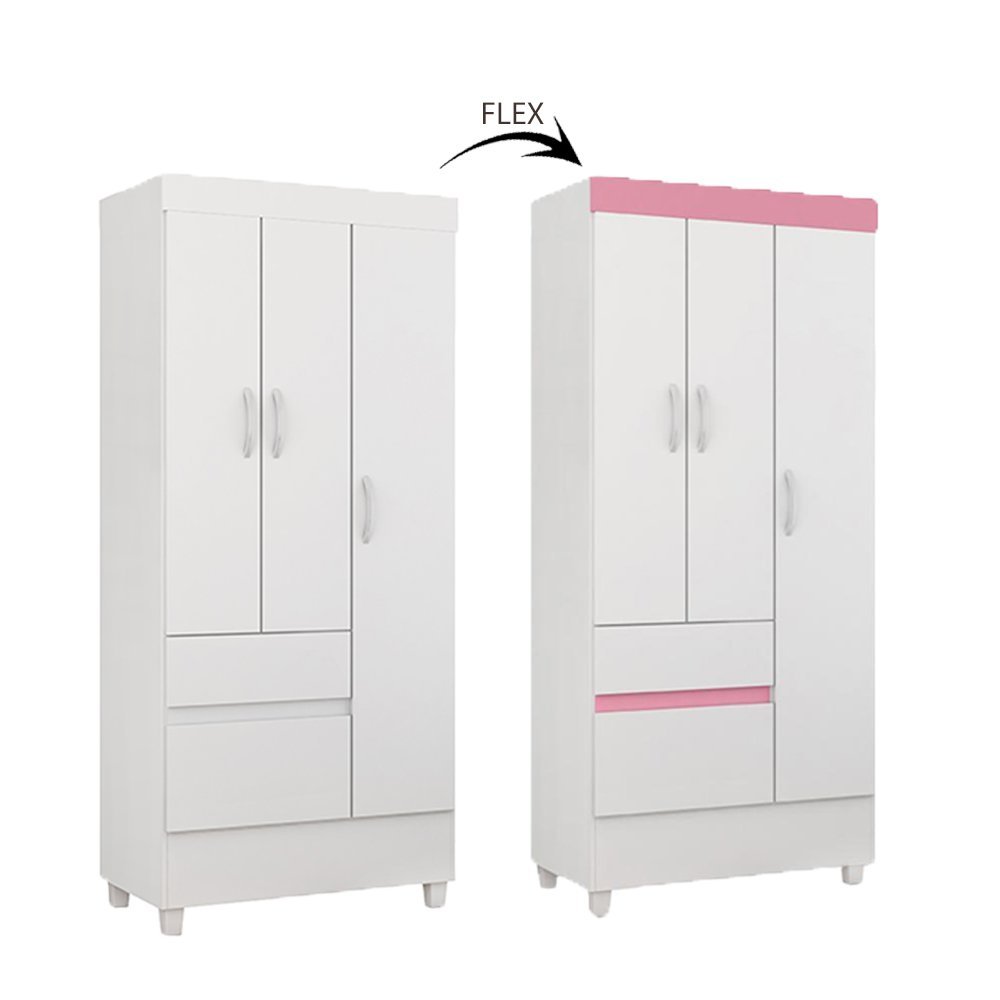 Guarda Roupa Roupeiro Solteiro 32860 03 Portas 02 Gavetas Wind Branco Rosa Flex Demóbile - 3