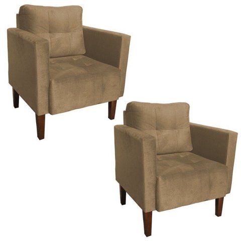 Poltrona Sala Decorativa Kit 2 Livia Pé Madeira Castanho Suede Marrom Rato M11 - D'Rossi