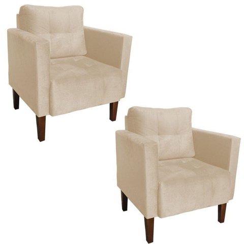 Poltrona Sala Decorativa Kit 2 Livia Pé Madeira Castanho Suede Bege M11 - D'Rossi