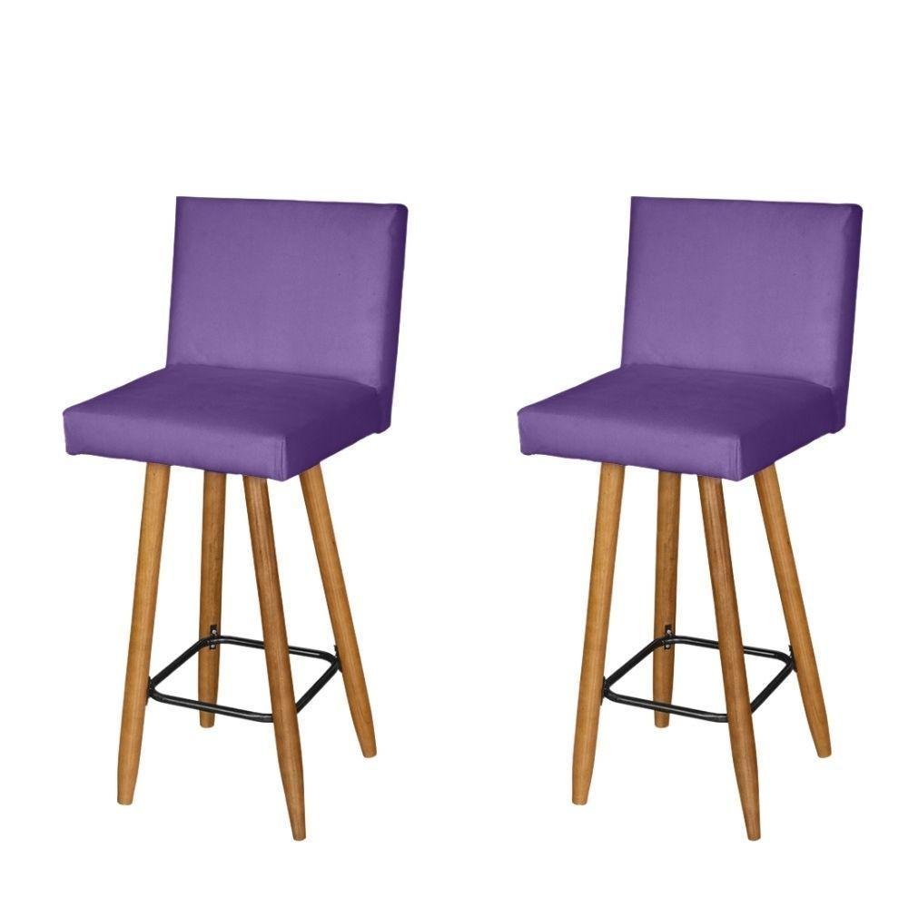 Kit 2 Banqueta Alta com Encosto Olivia Balcão Cozinha Bistrô Pé Castanho Suede Roxo - 1