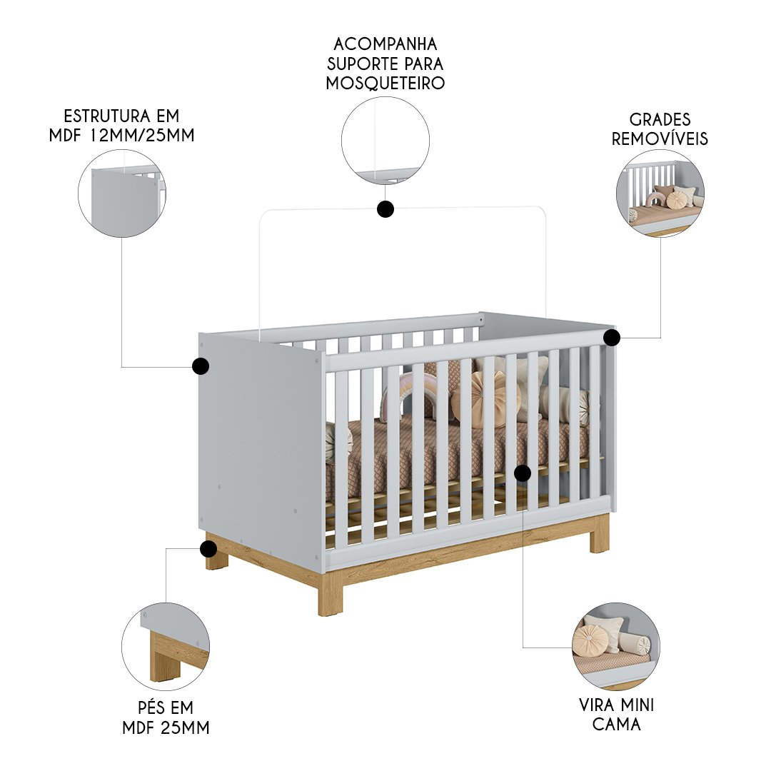 Berço Americano Mini Cama Slim Q Encanto Cinza - Qmovi - 3