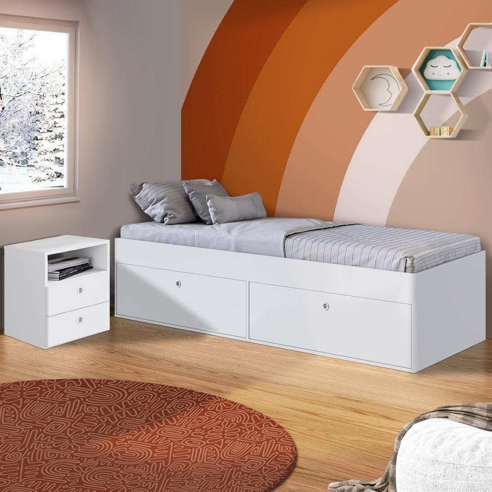 Cama Solteiro com Mesa de Cabeceira 2 Gavetas Branco Arda Shop Jm - 1