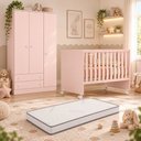 Ver imagem 1 de Kit Quarto de Bebê Doce Sonho com Berço com Rodízio Guarda Roupa 3 Portas e Colchão D18 130x60 Movel